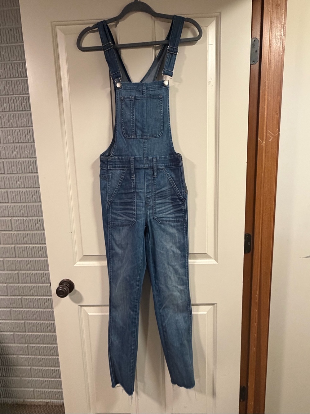 Madewell Skinny Denim Overalls XS Raw Hem Adjustable Strap Crop Jeans - Picture 2 of 6